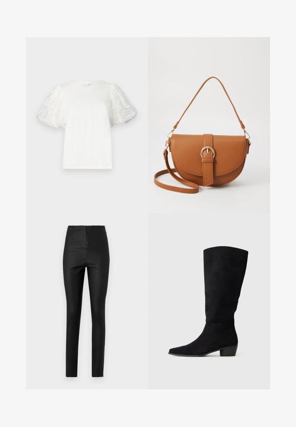 Bijela majica s kratkim, napuhanim rukavima od prozirnog materijala s cvjetnim vezom. Okrugli izrez, ležeran kroj, glatka tekstura.; Crne pripijene hlače izrađene od svilenog materijala, s prednjim patentnim zatvaračem i visokim strukom te minimalističkim detaljima.; Crne antilop čizme do koljena s niskim blok petama i šiljastim vrhom, prikazane sa bočne strane na jednostavnoj svijetlo sivoj pozadini.; Smeđa kožna torba preko tijela s zakrivljenim oblikom, zlatnim metalnim detaljima i naglaskom na kopču. Ima odvojivu naramenicu.