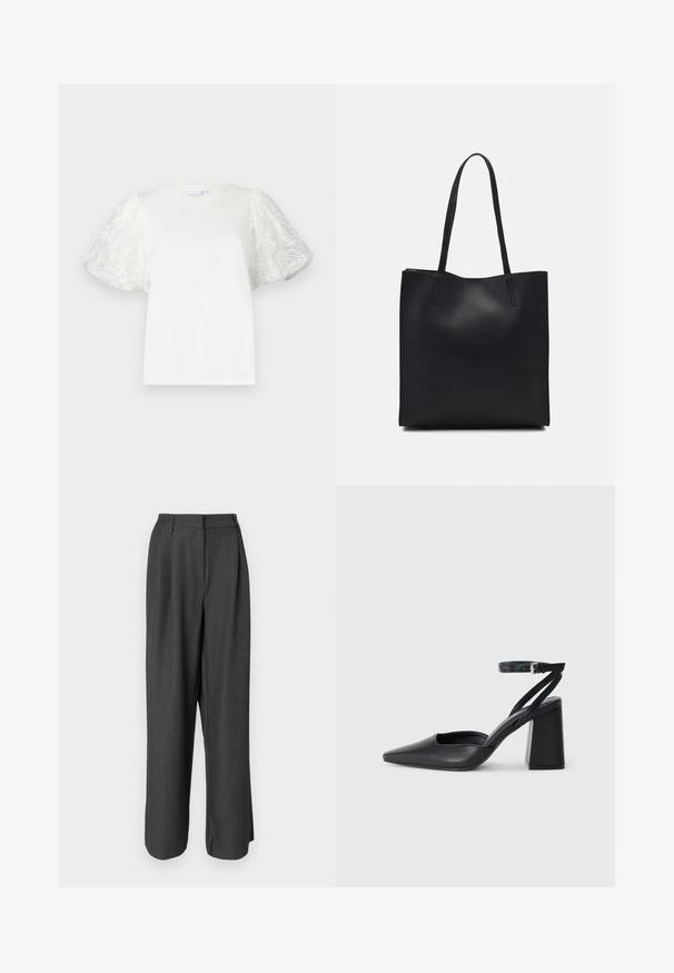 Hvit t-skjorte med korte, puffede ermer laget av gjennomsiktig stoff med blomstermønster. Rund hals, avslappet passform, glatt tekstur.; Mørk grå, vide bukser med skreddersydd design. Har en jevn tekstur, pressetekst og midjehøyde.; Svart lær pumps med spiss tå, ankelrem og kraftig hæl. Flat tekstur, strømlinjeformet design og minimalisme.; Svart lær tote bag med glatt tekstur, rektangulær form og to lange håndtak. Ingen synlige deler eller dekorasjoner.