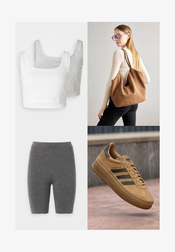 Dva skrajšana topa brez rokavov: en bel, rebrast material; drugi svetlo sivo, melirano teksturo. Obe imata široke naramnice in zaobljen ovratnik.; Sive pletene kolesarske hlače s prilegajočim dizajnom in gladko teksturo, s širokim pasom in dolžino do sredine stegna.; Svetlo rjave semiš teniske z gladko teksturo, ki imajo tri temne črte, zaobljen nos in debelejši podplat s vzorčastim robom.; Rjava semišna torba z mehko teksturo, velikim odprtjem in dolgimi ročaji. Ima preprost dizajn z vidnim šivanjem in brez okovja.