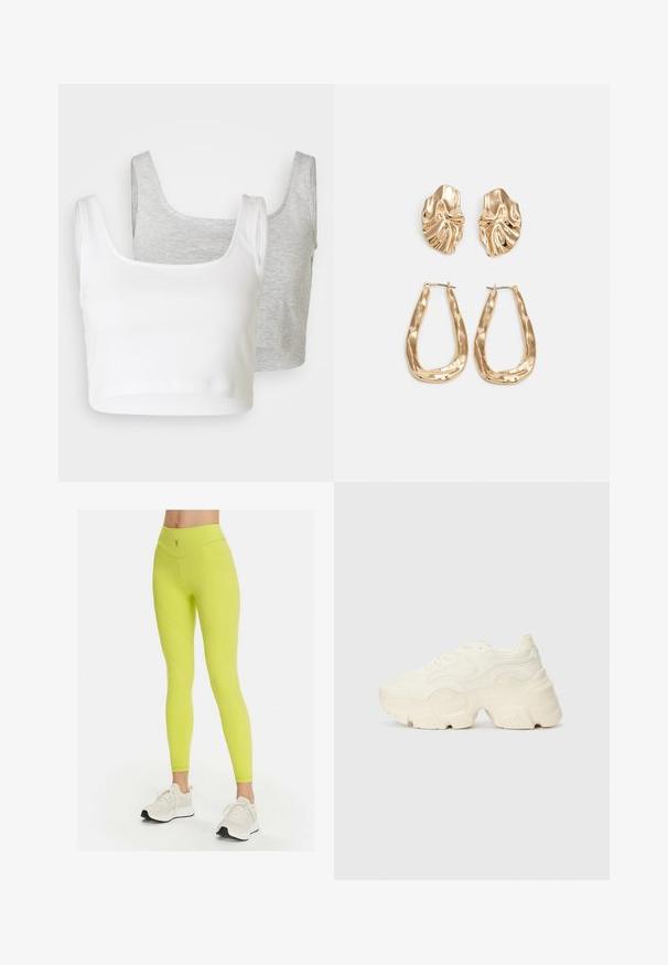 Kaksi leikattua toppia: yksi valkoinen, ribatusta kankaasta; yksi vaaleanharmaa, heikennetty rakenne. Molemmissa on leveät hihnat ja pyöreä kaula-aukko.; Neon keltainen trikoot korkealla vyötäröllä, sileä pinta ja kaarevat saumat; vyötäröllä pieni logo. Yhdistettynä valkoisiin lenkkareihin.; Paksut valkoiset lenkkarit, jotka on valmistettu teksturoidusta verkosta ja synteettisistä materiaaleista. Kenkäparissa on paksu pohja ja monimutkaisat kuviohuokoset sivuilla.; Korukultainen korvakorut, joissa on teksturoituja, aaltoilevia muotoja. Mukana on veistokselliset klipsikorvakorut ja avoin rengasmalli, jossa on vasaroitu pinta.