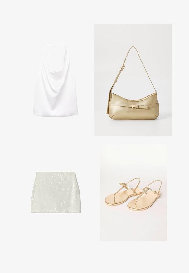Biała bezrękawnikowa bluzka z drapowanym tyłem, wykonana z gładkiego materiału. Posiada okrągły dekolt i luźny, swobodny krój.; Bershka - Spódnica trapezowa; Friends Like These REGULAR FIT złoty; Metaliczna złota torebka na ramię o zakrzywionym kształcie, gładkiej teksturze, płaskim pasku i dekoracyjnym zapięciu z przodu.; Bransoletka w kolorze złotym o gładkiej powierzchni z teksturowanym wnętrzem. Charakteryzuje się szerokim, zaokrąglonym kształtem z otwartym wycięciem z jednej strony.