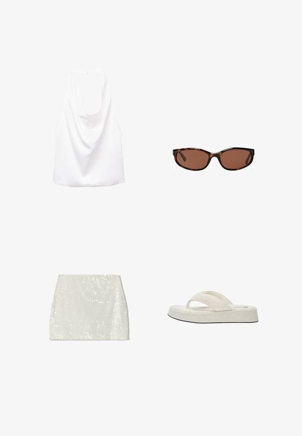 White sleeveless top with a draped back, made of smooth fabric. Features a rounded neckline and a loose, relaxed fit.; Bershka A-line skirt - white; Beige flip-flop with a textured fabric upper, two straps, and a flat, cushioned sole featuring a black outsole. Simple, minimalist design.; Tortoiseshell sunglasses with brown lenses, sleek oval shape, and glossy finish. Features subtle silver accents on the frames.