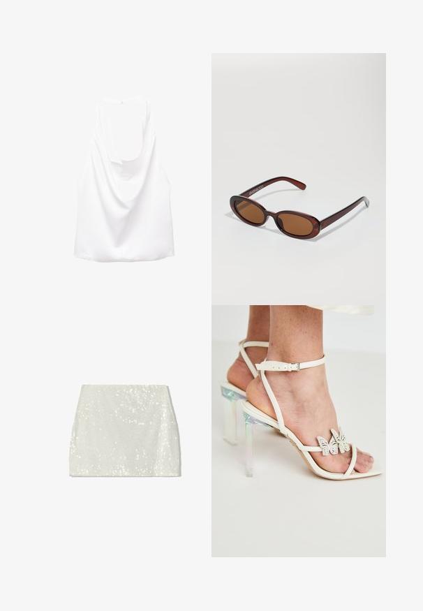 Weißes ärmelloses Oberteil mit einem drapierten Rücken, aus glattem Stoff gefertigt. Es hat einen runden Halsausschnitt und eine lockere, entspannte Passform.; Bershka A-Linien-Rock - white; Weiße, geflochtene Absatzsandalen mit klaren, schimmernden Blockabsätzen und dekorativen Schmetterlingsakzenten an den Riemen. Glatte Lederstruktur.; Runde, braun getönte Sonnenbrillen mit einem glänzenden burgunderfarbenen Rahmen. Schlanke Bügel mit dezentem Branding. Flaches Linsendesign.; Michael Kors Clutch in beige beschichtetem Canvas mit einem wiederholten MK-Logo-Muster, goldfarbener hardware und einem abnehmbaren Kettenriemen.