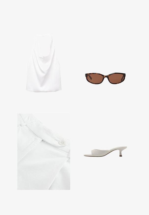 Witte mouwloze top met een gedrapeerde achterkant, gemaakt van een gladde stof. Heeft een ronde halslijn en een losse, relaxte pasvorm.; Witte katoenen stof met een vlakke voorkant, voorzien van een knoop en een klein plooidetail aan de tailleband. Gladde textuur, klassiek ontwerp.; Witte open teen muiltjes met een gebogen ontwerp, lage hak, zachte textuur en een subtiel gestikt patroon. Bruine accent op de basis van de hak.; Schildpad zonnebril met bruine lenzen, slank ovaal ontwerp en glanzende afwerking. Bevat subtiele zilveren accenten op de monturen.