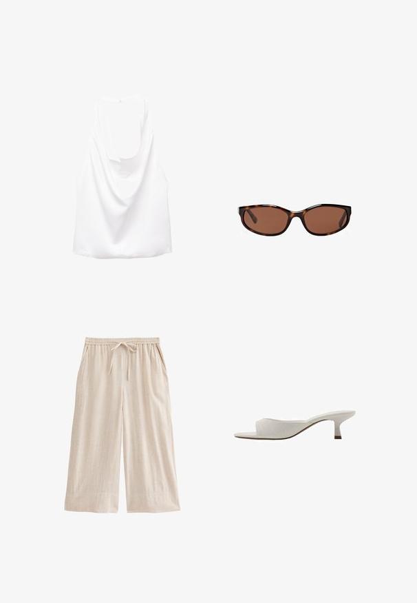 Haut sans manches blanc avec un dos drapé, fabriqué à partir d'un tissu lisse. Présente un col rond et une coupe ample et décontractée.; Culottes en lin beige avec une taille élastique, un cordon de serrage ajustable, des poches latérales, et une silhouette large décontractée.; Mules blanches à bout ouvert avec un design incurvé, un low heel, une texture lisse et un motif de couture subtil. Accent marron à la base du talon.; Lunettes de soleil écaille de tortue avec des verres marron, forme ovale élégante et finition brillante. Présente des accents argentés discrets sur les montures.