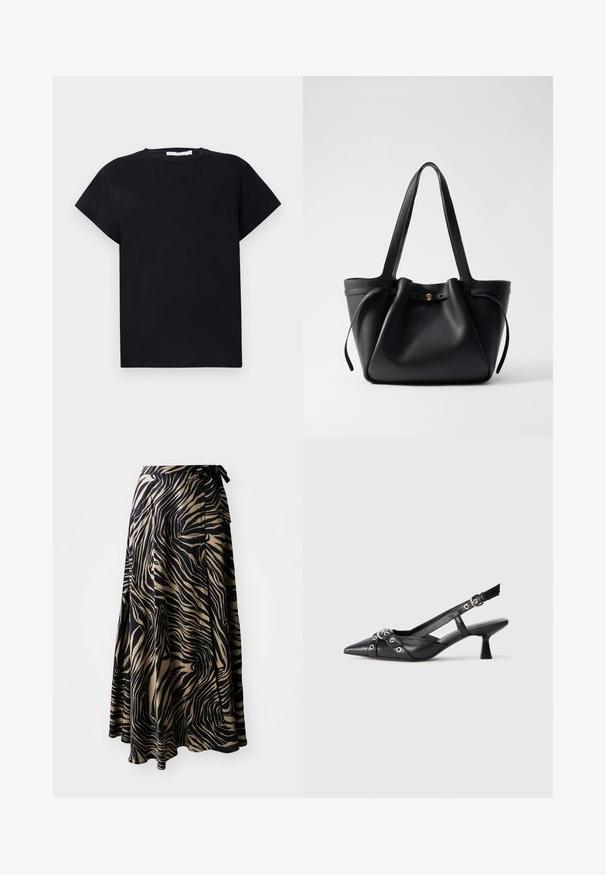 Iro TABITHA - Lihtne T-särk - black; Kleit seeliku mustriga, musta ja beeži zebra trükiga. Valmistatud kergest kangast, voolava disainiga, millel on sidumisvöö ja asümmeetriline alläär.; Must must have must toote tõmblukuga, dekoratiivsed rihmad metallist silmadega ja madal blokk-kand. Tekstureeritud pind.; Must musta kott, millel on kaks pikka rihma, kergelt kokkusurutud ülaosa ja kuldne ümmargune aksessuaar. Sile tekstuur ja minimalistlik disain.