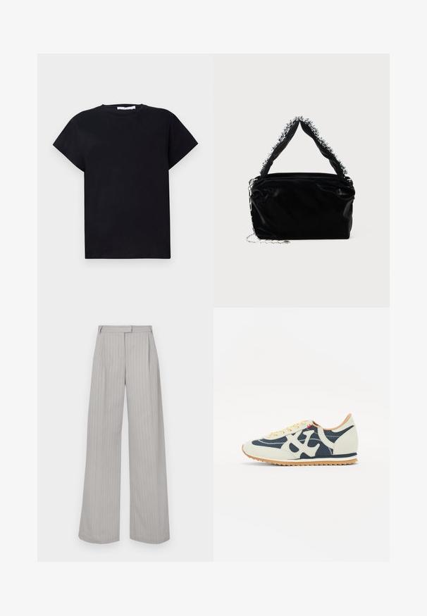 Iro TABITHA - T-shirts - black; Lys grå vidbenede bukser med vertikale hvite striper, med en frontfold og flat midje. Laget av glatt stoff.; Sko med en blanding av kremfarge, marineblå og semsket skinnmaterialer, snaredesign, skrå sømmer, og en gummisåle med grep.; Svart veske i faux lær med tekstur, med en perlet sølvdetalj langs det øverste håndtaket og en kjede-rem.