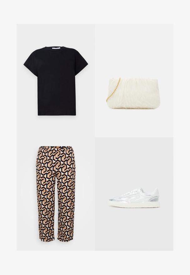 Iro TABITHA - T-shirts - black; Lette, mønstrede bukser med et geometrisk design i beige, sort og hvit, med elastisk talje for komfort.; Hvite sneakers med metallisk sølvakenter, glatt tekstur, rund tå, flat såle og tradisjonelt snøringdesign.; Hvit teksturert clutch-veske med samlet design, som ikke har en gulvkjede. Glatt finish med subtile bølger og avrundede kanter.