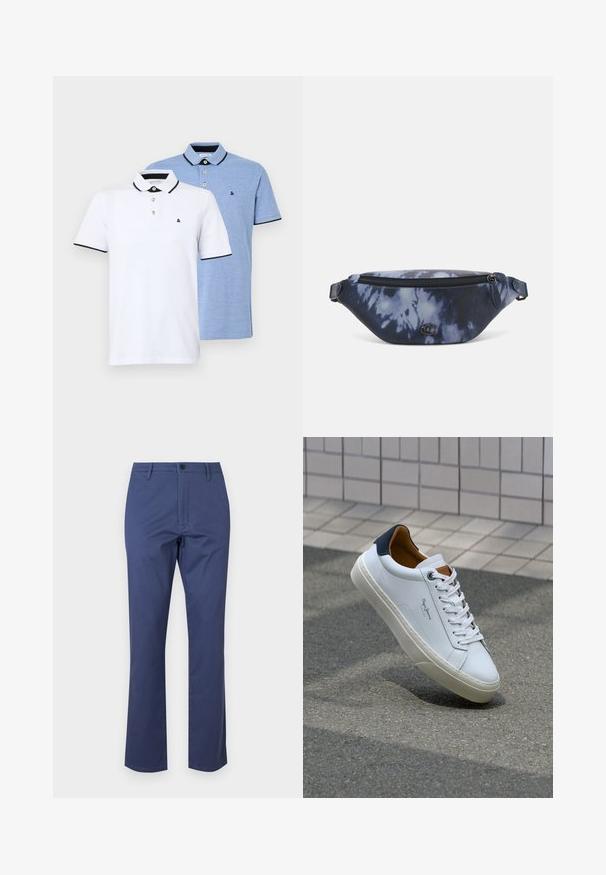 Due polo shirt: uno bianco con dettagli neri, l'altro in blu chiaro melange. Ognuno presenta un colletto e una chiusura a due bottoni con logo.; Pantaloni in cotone blu navy con zip, tasche frontali e design a gamba dritta. Texture liscia con chiusura a bottone in vita.; Sneaker bianca in pelle con tallone blu, punta rotonda e accenti marroni a contrasto. Presenta lacci piatti e suola in gomma testurizzata.; Marsupio in stampa tie-dye blu scuro con una parte superiore con zip, materiale testurizzato e un logo ben visibile sul davanti.