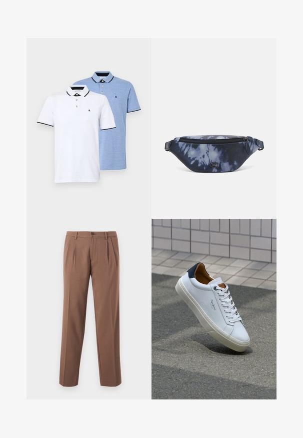 Due polo shirt: uno bianco con dettagli neri, l'altro in blu chiaro melange. Ognuno presenta un colletto e una chiusura a due bottoni con logo.; Pantaloni marroni a pieghe con design a gamba dritta, dotati di chiusura con un solo bottone e tessuto liscio e testurizzato.; Sneaker bianca in pelle con tallone blu, punta rotonda e accenti marroni a contrasto. Presenta lacci piatti e suola in gomma testurizzata.; Marsupio in stampa tie-dye blu scuro con una parte superiore con zip, materiale testurizzato e un logo ben visibile sul davanti.