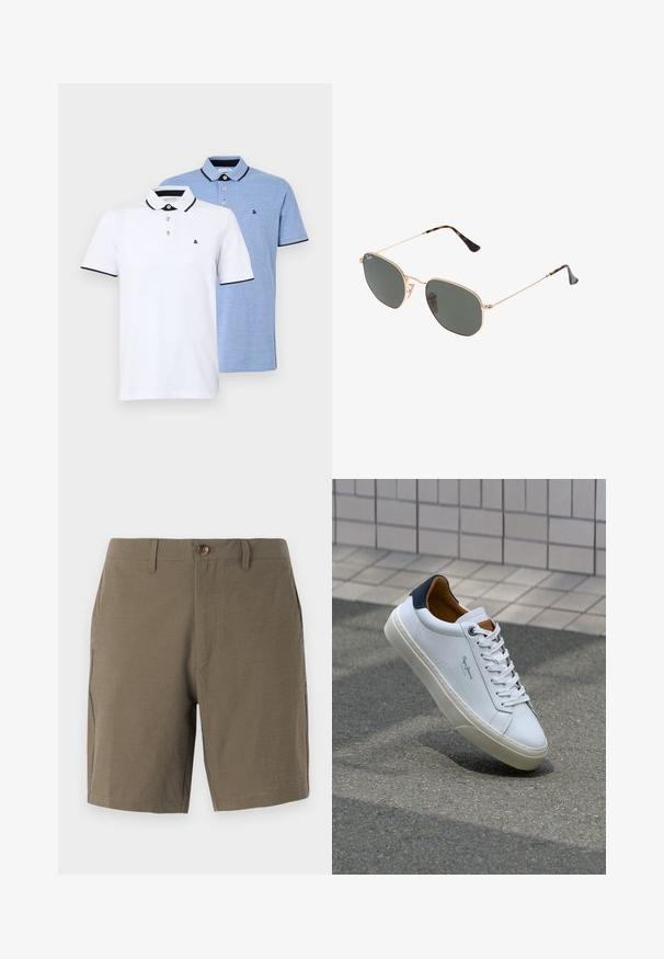 Två pikéskjortor: en vit med svarta detaljer, den andra ljusblå melerad. Båda har krage och tvåknappsknäppning med logotyp.; Olivgrön shorts gjorda av texturerad tyg, med knappstängning och slät framdel, samt sidofickor för funktionalitet.; Vita lädersneakers med en marinblå häl, rund tå och kontrasterande bruna detaljer. Har plana snören och en texturerad gummisula.; Guldmetallramda solglasögon med mörkgröna linser, pilotstil, med smala armfästen och sköldpaddsmönstra detaljer på spetsarna.