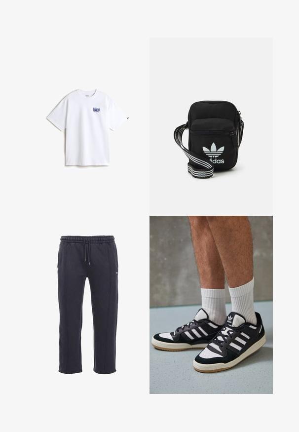 Weißes Baumwoll-T-Shirt mit einem blauen gestickten Logo auf der linken Brust. Klassischer Rundhalsausschnitt, kurze Ärmel und eine entspannte Passform.; Dunkelgraue Sweatpants aus weichem Stoff mit elastischem Bund und Kordelzug, seitlichen Taschen und sichtbaren Nähten.; Schwarz-weiße Sneaker mit einem Obermaterial aus Wildleder und Leder, ausgestattet mit drei weißen Streifen, einer perforierten Zehenpartie und einer Sohle aus Gummi.; Schwarze Umhängetasche aus Stoff mit Reißverschluss, ausgestattet mit einem weißen Adidas-Logo und einem gestreiften, verstellbaren Tragegurt für einfachen Transport.
