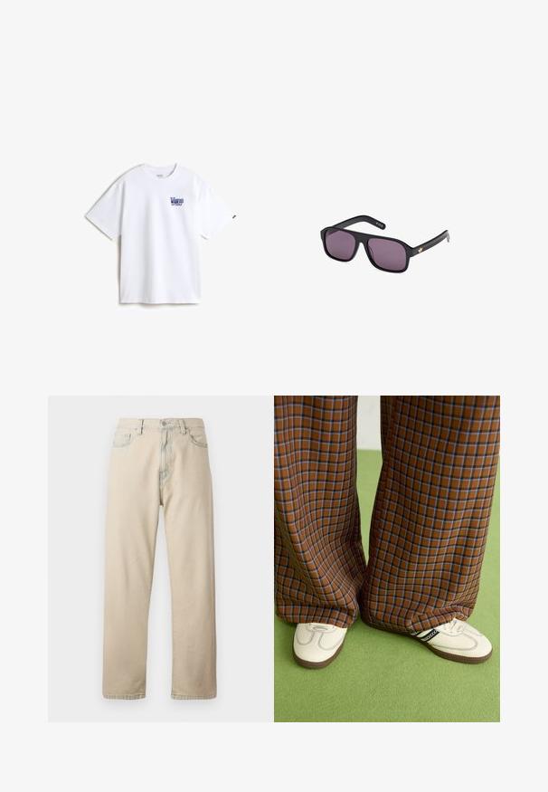 Camiseta de algodón blanca con un logo bordado azul en el lado izquierdo del pecho. Cuello redondo clásico, mangas cortas y un corte relajado.; Pantalones vaqueros de denim de algodón en color beige, con piernas rectas, cinco bolsillos, trabillas para el cinturón y cierre de cremallera. Textura ligeramente desgastada y costuras en contraste.; Pantalones de pata de elefante de cuadros marrones y azules combinados con zapatos blancos con detalles en negro y suelas texturizadas, sobre un fondo verde.; Gafas de sol negras con montura cuadrada, lentes oscuros y un acento de logo dorado en la varilla. Material plástico suave con acabado mate.