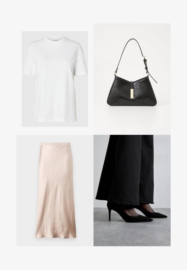 White cotton t-shirt with short sleeves and a round neckline. Features a relaxed fit and minimal design with no patterns or accents.; Satin midi skirt in light beige, featuring a fitted waist, smooth texture, and a flared hem, with no visible embellishments or pockets.; Black suede high-heeled shoes with pointed toes, worn with black wide-leg pants, feature a sleek design and a subtle sheen.; Black handbag in faux croc-embossed material, featuring a triangular shape, slim shoulder strap, and a gold-tone hardware accent in the center.; Gold-toned cuff bracelet with a smooth, wavy surface, featuring a textured interior and open design, creating an organic shape.