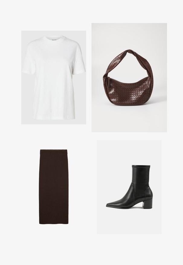Bílá bavlněná tričko s krátkým rukávem a kulatým výstřihem. Má uvolněný střih a minimalistický design bez vzorů nebo akcentů.; Hnědá pletená midi sukně s těsným střihem, hladkou texturou, bez viditelných vzorů a jednoduchým, čistým designem bez ozdob.; Černé kožené kotníkové boty s hladkým povrchem, špičatou špičkou, blokovým podpatkem a výrazným vyvýšeným šitím na horním okraji.; Hnědá tkaná kožená taška s prohnutou, uzlovou rukojetí a zipovým uzávěrem. Hladký povrch a zaoblený tvar.; Náušnice z pozlaceného kovu s hladkým, lesklým povrchem. Zakřivený design má otevřené konce s bezšvovým, minimalistickým tvarem.