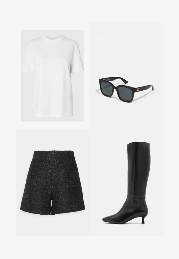 Witte katoenen t-shirt met korte mouwen en een ronde halslijn. Heeft een relaxte pasvorm en een minimalistisch ontwerp zonder patronen of accenten.; Zwarte geweven shorts met een gestructureerde afwerking en een subtiele glans. Kenmerkt zich door een hoge taille en een gestructureerde A-lijn vorm.; Zign Laarzen - black; Zwarte zonnebril met rechthoekige lenzen, voorzien van een glanzende afwerking en gouden logo-accentraties op de pootjes. Donkergrijze lenzen bieden UV-bescherming.; Zwarte leren schoudertas met een gladde textuur, voorzien van een dunne, lange schouderband en een subtiele stiknaad in het midden.