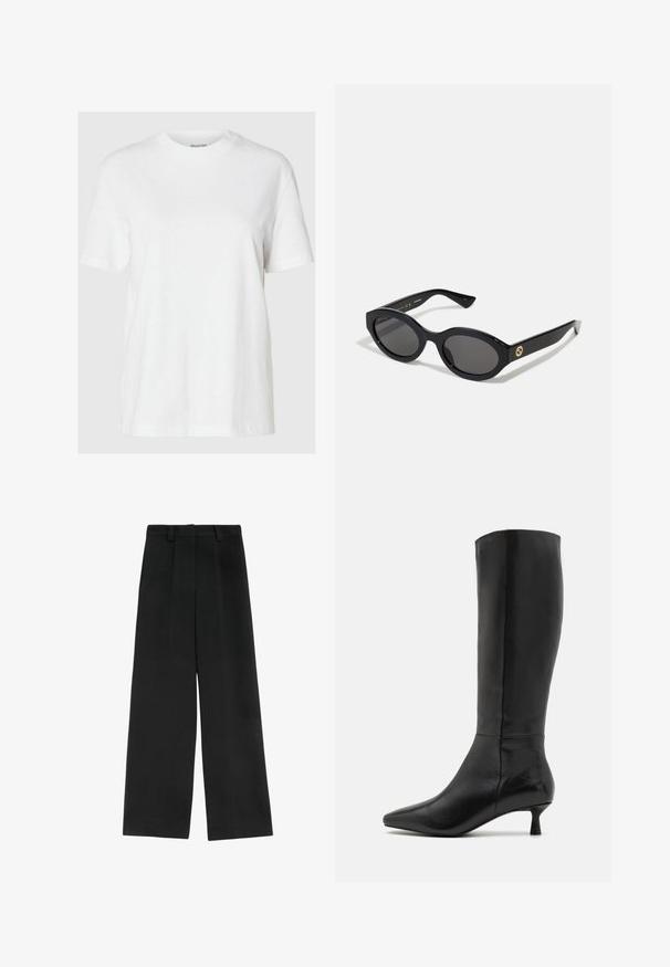 Bílá bavlněná tričko s krátkým rukávem a kulatým výstřihem. Má uvolněný střih a minimalistický design bez vzorů nebo akcentů.; Černé kalhoty s širokými nohavicemi a vysokým pasem, s dvojitými předními záhyby, poutky na opasek a hladkým povrchem. Bez kapes a viditelné kovové části.; Zign Vysoká obuv - black; Černé oválné sluneční brýle s tmavými skly a lesklým plastovým rámem. Obsahují zlaté logo na straně, které poskytuje elegantní a moderní design.