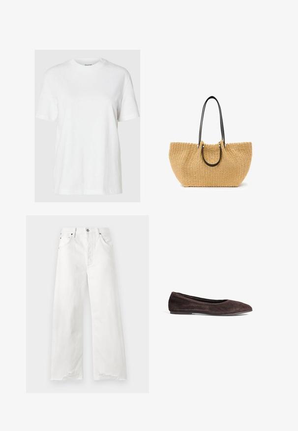 Balts kokvilnas t-krekls ar īsām piedurknēm un apaļu kakla izgriezumu. Iezīmē relaksētu piegriezumu un minimālu dizainu bez rakstiem vai akcentiem.; Baltas platajās džinsi, izgatavoti no denima, ar augstu jostasvietu, priekšējām kabatām un nokratīta apakšmalas detaļām.; Brūni zamša deju kurpes ar smailu purngalu un zemu profilu. Īpaši ar gludu tekstūru un minimālistisku dizainu. Nav redzamu detaļu vai akcentu.; Austa auduma soma, izgatavota no pelēka salmiem, ar melniem ādas rokturiem un sudraba detaļām. Plaša, izliekta forma ar teksturētu virsmu.; Pilgrim JACE - Auskari - gold-coloured