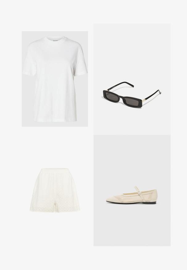 Balts kokvilnas t-krekls ar īsām piedurknēm un apaļu kakla izgriezumu. Iezīmē relaksētu piegriezumu un minimālu dizainu bez rakstiem vai akcentiem.; Baltas šorts, izgatavoti no teksturētas auduma ar režģa rakstu un mazām caurumiem. Iedrošināts ar elastīgu vidukli un brīvu piegulumu.; Bēža baleta kurpes ar smailu purngalu, pārklātas ar sietu, un ar sānu sprādzi. Plakana zole ar gludu tekstūru.; Melnas taisnstūra saulesbrilles ar tumšiem objektīviem, spīdīgām plastikāta rāmēm un zelta akcentiem tempļos. Minimalistisks dizains un eleganta forma.