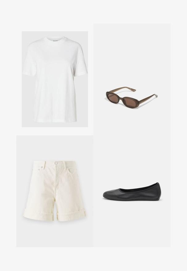 Witte katoenen t-shirt met korte mouwen en een ronde halslijn. Heeft een relaxte pasvorm en een minimalistisch ontwerp zonder patronen of accenten.; Lichtgekleurde denim shorts met een rechte snit, opgerolde mouwen en een klassiek vijf-pocket ontwerp. Met zilveren metalen hardware.; Zwarte leren ballerina met een ronde neus, gladde textuur, minimale stikdetails en een flexibele zoolontwerp.; Brown ovalen zonnebrillen met donkere lenzen. Het montuur is gemaakt van doorzichtig bruin materiaal en heeft een logo dat op de slapen is gedrukt.; Zwarte leren handtas met dubbele bovenhandvatten, een ritszak aan de voorkant en accenten van goudkleurig metaal. Textuur oppervlak met zijtassels.