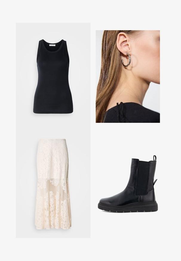 Musta tanktop, mis on valmistatud pehmest ja venivast materjalist. Omab ümmargust kaelust ja laiu õlapaelu, ning sellel on voolav siluett ja sile tekstuur.; Kreemikas lilleline pitsi midi seelik; sisaldab kihilise kujunduse, läbipaistvate osade, tekstureeritud pitsi ja laienevat hemmi.; Mustad mustad, mis on valmistatud siledast nahast, elastsete külgpaneelidega, taga tõmbeaugu ning paksu kummitaldaga.; Hõbedane rõngas kõrvarõngas poleeritud viimistlusega, millel on väikesed kuldsed aktsendid ja ümmargune kuju, kantud lobus.