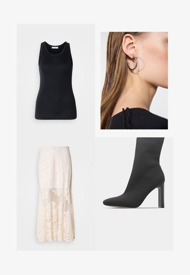 Black tank top made from soft, stretchy fabric. Features a round neckline and wide shoulder straps, with a fitted silhouette and smooth texture.; Floral lace midi skirt in cream; features layered design with sheer sections, textured lace, and a flared hem.; Black stiletto ankle boot with a sleek sock-like design, pointed toe, smooth fabric, and a square high heel. Minimalist aesthetic.; Silver hoop earring with a polished finish, featuring small gold accent details and a round shape, worn on the lobe.