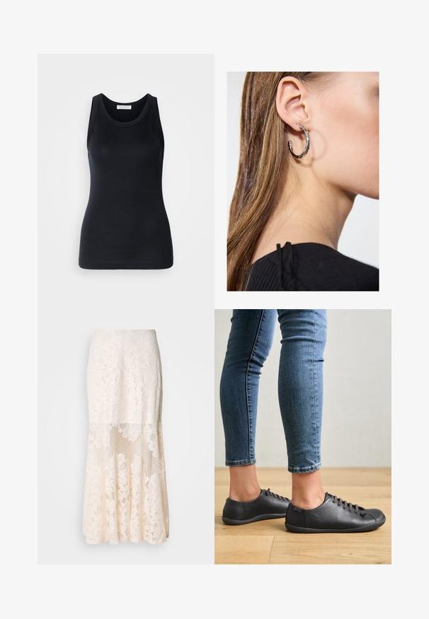 Svart tanktopp laget av myk, elastisk stoff. Har rund halsutskjæring og brede skulderstropper, med en tettsittende silhuett og jevn tekstur.; Blomsterbroderi midi skjørt i krem; har lagd design med gjennomsiktige seksjoner, teksturert blonde og flared kant.; Sorte lærersko med rund tå, lav profil og snøring. Kombinert med blå, tettsittende jeans og en bakgrunn av tregulv.; Sølv ringøredob med en polert finish, med små gull detaljer og en rund form, båret på øreflippen.