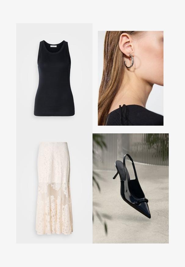 Fekete ujjatlan felső, puha, rugalmas anyagból készült. Kerek nyakkivágással és széles vállpántokkal rendelkezik, testhezálló szabású és sima textúrájú.; Krém színű virágos csipke midi szoknya; réteges kialakítással, áttetsző részekkel, texturált csipkével és bővülő szegéllyel rendelkezik.; Fekete lakkbőr pántos magassarkú cipő hegyes orral és díszes csattal, egy világos repedezett padló felett felfüggesztve.; Ez egy ezüst fülbevaló, sima felülettel, amelyen apró arany díszítőelemek találhatók. Kerek formájú és a fülcimpán viselik.