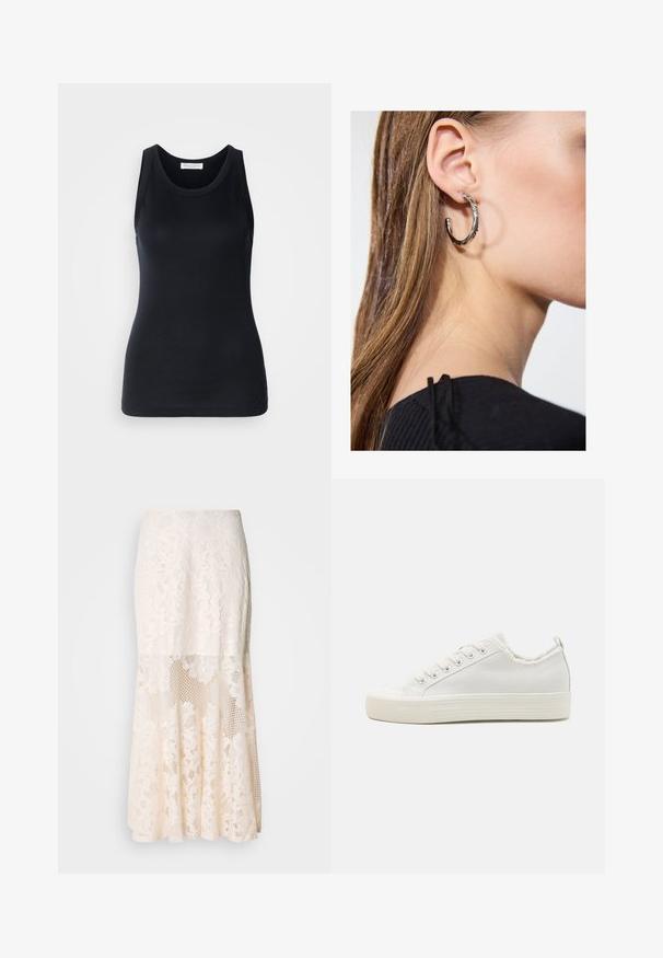 Čierny tielko vyrobené z mäkkej, elastickej tkaniny. Má okrúhly výstrih a široké ramenné popruhy, so priliehavým strihom a hladkou textúrou.; Kvetinová čipkovaná midi sukňa v krémovej farbe; obsahuje vrstvený dizajn s priesvitnými časťami, textúrovanou čipkou a rozšíreným lemom.; Biele plátkové tenisky s textúrovaným zvrškom, okrúlymi špičkami, plochou podrážkou a šnurovaním vpredu. Vyznačujú sa jemne ošúchaným golierom a pútkom.; Strieborná kruhová náušnica s lesklým povrchom, obsahujúca malé zlaté akcenty a okrúhly tvar, nosená na lalôčiku ucha.