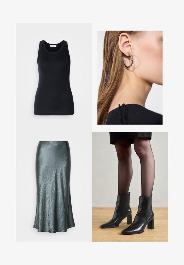 Black tank top made from soft, stretchy fabric. Features a round neckline and wide shoulder straps, with a fitted silhouette and smooth texture.; Metallic teal midi skirt with a crinkled texture, featuring a flared shape and smooth finish. No visible fastenings or embellishments.; Black leather ankle boots with a pointed toe, chunky square heel, and sleek design. Features elastic side panels for easy wear.; Silver hoop earring with a polished finish, featuring small gold accent details and a round shape, worn on the lobe.