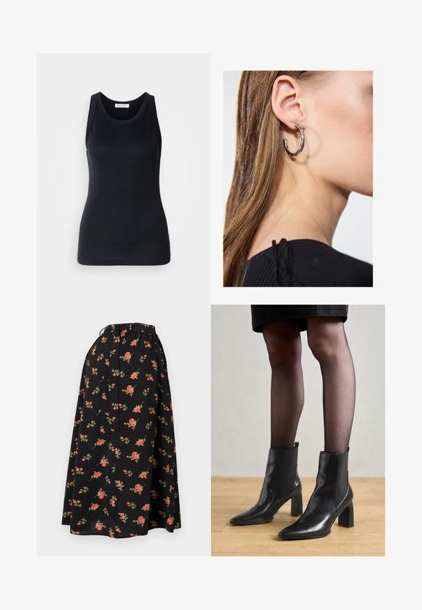 Black tank top made from soft, stretchy fabric. Features a round neckline and wide shoulder straps, with a fitted silhouette and smooth texture.; Black floral skirt with a drawstring waist, featuring red and green flower patterns and a flowing, lightweight texture.; Black leather ankle boots with a pointed toe, chunky square heel, and sleek design. Features elastic side panels for easy wear.; Silver hoop earring with a polished finish, featuring small gold accent details and a round shape, worn on the lobe.