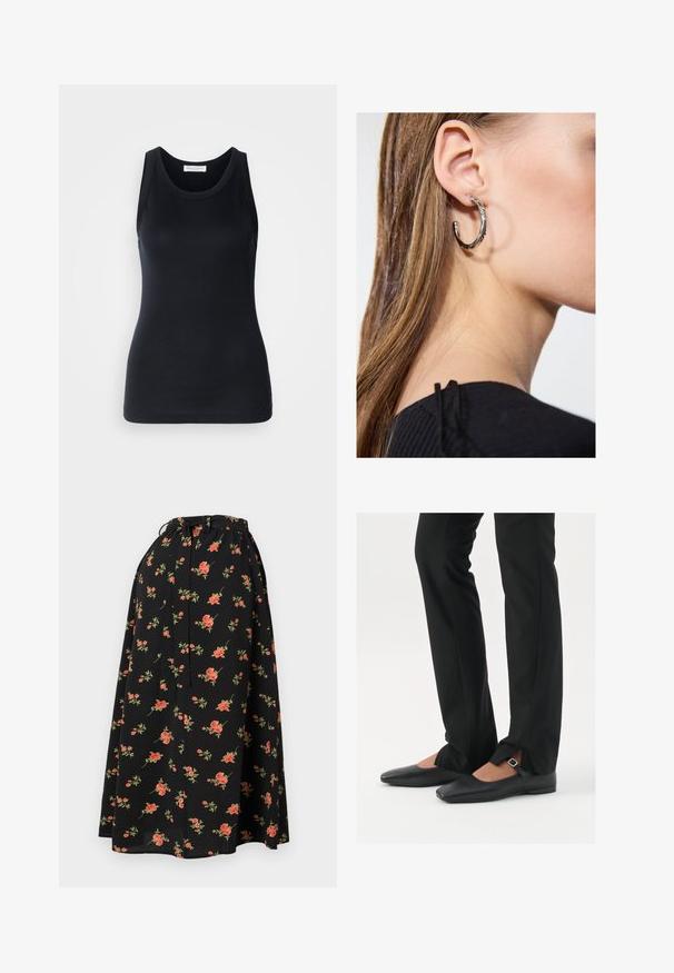 Musta tanktop, mis on valmistatud pehmest ja venivast materjalist. Omab ümmargust kaelust ja laiu õlapaelu, ning sellel on voolav siluett ja sile tekstuur.; Must mustriba mustre kraaniga, kus on punased ja rohelised lillede mustrid ning voolav ja kerge tekstuur.; Mustadast mustast nahast balletkingad terava ninaga, millel on rihm hõbedase klambriga, kokku sobitatud mustade ülikondpükstega, millel on lõhiku serv.; Hõbedane rõngas kõrvarõngas poleeritud viimistlusega, millel on väikesed kuldsed aktsendid ja ümmargune kuju, kantud lobus.