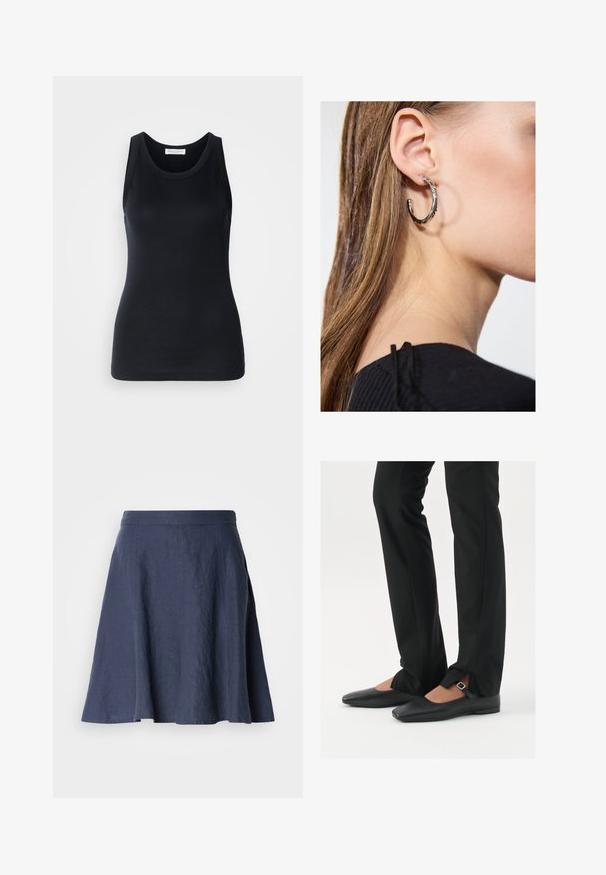 Top negro sin mangas hecho de tela suave y elástica. Presenta un escote redondo y tirantes anchos, con una silueta ajustada y una textura suave.; Falda de lino azul marino con diseño acampanado, textura ligera, corte a media altura y detalles cosidos a lo largo de las costuras.; Bailarinas de cuero negro con punta afilada, correa con hebilla de plata, combinadas con pantalones negros ajustados que presentan un dobladillo con abertura.; Pendiente de aro de plata con un acabado pulido, que presenta pequeños detalles en dorado y una forma redonda, llevado en el lóbulo.