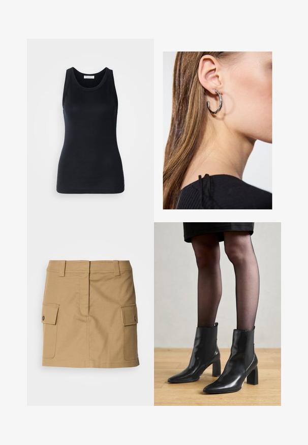 Zwarte tanktop gemaakt van zachte, rekbare stof. Heeft een ronde halslijn en brede schouderbanden, met een aansluitende snit en een gladde textuur.; Khaki katoenen rok met een aansluitende taille, dubbele zijzakken met klepsluitingen en een rechte snit. Duurzame stof met een gladde textuur.; Zwarte leren enkellaarsjes met een spitse neus, stevige vierkante hak en een fraaie uitstraling. Beschikt over elastische zijpanelen voor gemakkelijke aan- en uittrekken.; Zilveren oorbel met een gepolijste afwerking, met kleine gouden accentdetails en een ronde vorm, gedragen op de oorlel.