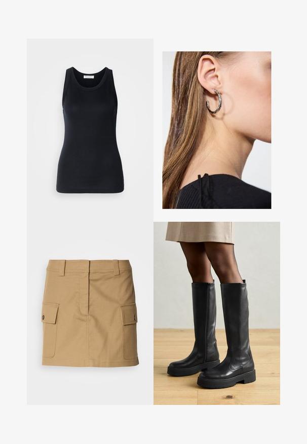 Zwarte tanktop gemaakt van zachte, rekbare stof. Heeft een ronde halslijn en brede schouderbanden, met een aansluitende snit en een gladde textuur.; Khaki katoenen rok met een aansluitende taille, dubbele zijzakken met klepsluitingen en een rechte snit. Duurzame stof met een gladde textuur.; Zwarte leren kniehoge laarzen met een gladde textuur, voorzien van een dikke rubberen zool en een zijrits voor gemakkelijk aan- en uittrekken.; Zilveren oorbel met een gepolijste afwerking, met kleine gouden accentdetails en een ronde vorm, gedragen op de oorlel.