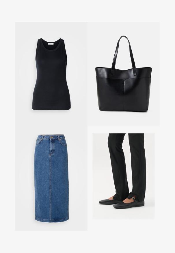 Crna majica bez rukava od mekog, rastezljivog materijala. Ima okrugli izrez i široke naramenice, s prilagođenim krojem i glatkom teksturom.; Traper suknja, do koljena, plave boje, ravnog kroja. Sadrži prednje džepove, petlje za remen i kontrastne šavove. Glatka tekstura.; Crne kožne balerinke s uskim vrhom, trakica sa srebrnom kopčom, u kombinaciji s crnim krojenim hlačama s otvorenim rubom.; Crna kožna torba s dugim ručkama, glatkom teksturom i strukturiranim oblikom. Ima prednju džep za dodatno pohranu.