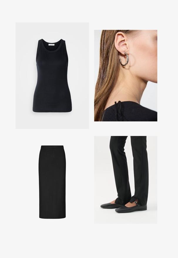 Svart tanktopp laget av myk, elastisk stoff. Har rund halsutskjæring og brede skulderstropper, med en tettsittende silhuett og jevn tekstur.; Svart blyantkjole laget av elastisk stoff, høy midje-design, rett snitt, kne-lengde, med en jevn tekstur og uten synlige dekorasjoner.; Svart skinnballett-sko med spiss tå, stropp med sølvspenne, kombinert med svarte skreddersydde bukser med splitt i kanten.; Sølv ringøredob med en polert finish, med små gull detaljer og en rund form, båret på øreflippen.