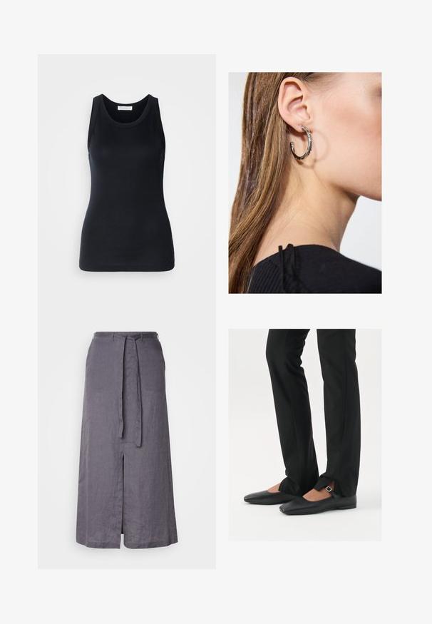 Μαύρη базή φανέλα φτιαγμένη από μαλακό, ελαστικό ύφασμα. Διαθέτει στρογγυλή λαιμόκοψη και φαρδιές τιράντες, με εφαρμοστή σιλουέτα και ομαλή υφή.; Γκρι λινή φούστα midi με μπροστινή σχισμή, ζώνη στη μέση και λείο υλικό, διαθέτοντας απλό σχέδιο και ίσια γραμμή.; Μαύρες δερμάτινες μπαλαρίνες με μυτερή μύτη, λουρί με ασημένια αγκράφα, σε συνδυασμό με μαύρα κομμένα παντελόνια με σχιστή λεπτομέρεια.; Ασημένιο σκουλαρίκι κρίκος με γυαλιστερή φινίρισμα, που διαθέτει μικρές χρυσές λεπτομέρειες και στρογγυλό σχήμα, φορεμένο στον λοβό.