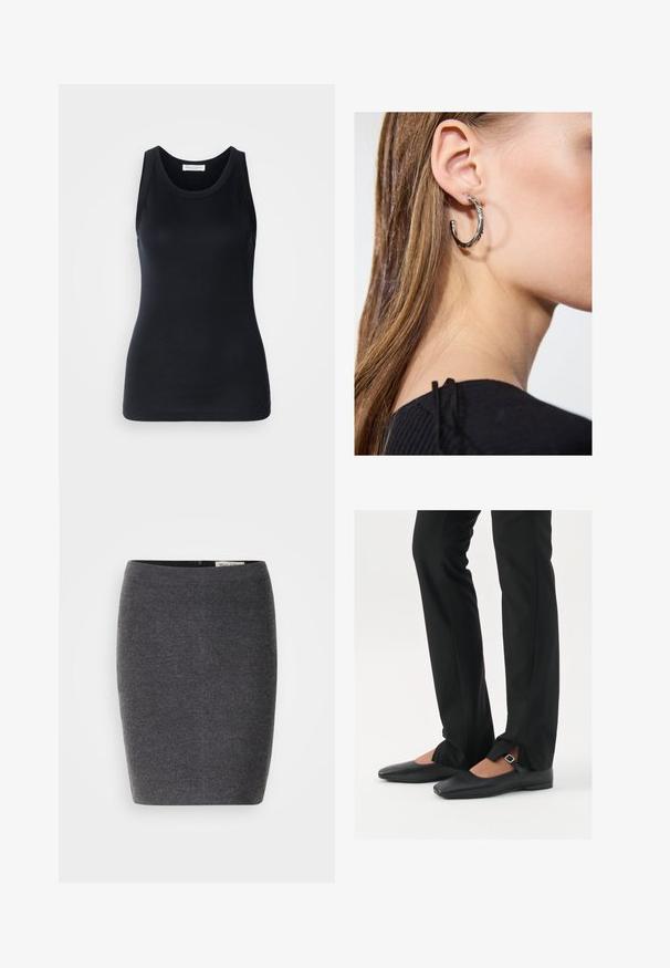 Fekete ujjatlan felső, puha, rugalmas anyagból készült. Kerek nyakkivágással és széles vállpántokkal rendelkezik, testhezálló szabású és sima textúrájú.; Szürke gyapjú ceruzaszoknya sima textúrával és testhezálló kialakítással, diszkrét derékpánttal és látható díszítés nélkül.; Fekete bőr balettcipők hegyes orral, ezüst csattal ellátott pánttal, fekete szabott nadrággal, amelynek hasított szegélye van.; Ez egy ezüst fülbevaló, sima felülettel, amelyen apró arany díszítőelemek találhatók. Kerek formájú és a fülcimpán viselik.