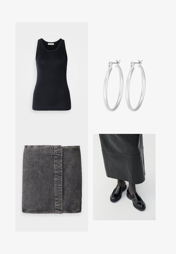Musta hihaton paita, joka on valmistettu pehmeästä ja joustavasta kankaasta. Siinä on pyöreä kaula-aukko ja leveät olkaimet, muotoiltu siluetti ja sileä rakenne.; Tummanharmaa farkkuhame, jossa on suora leikkaus, näkyvät saumat sivureunoissa ja raaka helma alaosassa.; Musta nahka loaferit sileällä pinnalla, jossa on koristeellinen hihna, pyöreä kärki ja teksturoitu pohja. Yhdistetty pitkän mustan nahkahameen kanssa.; Hope-silver rengas, joissa on sileä ja kiillotettu pinta. Pyöreä muoto ja turvallinen napsautettava lukitus. Kevyt muotoilu sopii päivittäiseen käyttöön.
