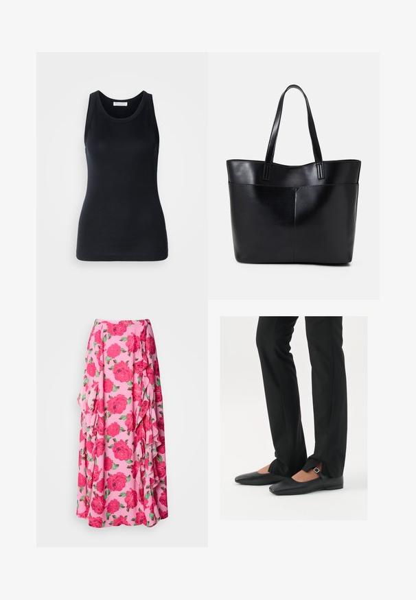 Musta hihaton paita, joka on valmistettu pehmeästä ja joustavasta kankaasta. Siinä on pyöreä kaula-aukko ja leveät olkaimet, muotoiltu siluetti ja sileä rakenne.; Pitkä kukkamekko vaaleanpunaisesta kankaasta, jossa on suuria, kirkkaan punaisia ruusuja ja vihreitä lehtiä. Sivussa on röyhelöitä, jotka lisäävät tekstuuria.; Musta nahkakengät balettityylillä, kärjessä terävä muoto, hihna hopeasoljella, yhdistetty mustiin räätälöityihin housuihin, joissa on halkiohelma.; Musta nahkainen kassi, jossa on kaksi pitkää kahvaa, sileä pinta ja jämäkkä muoto. Sisältää etutaskun lisävarastointia varten.