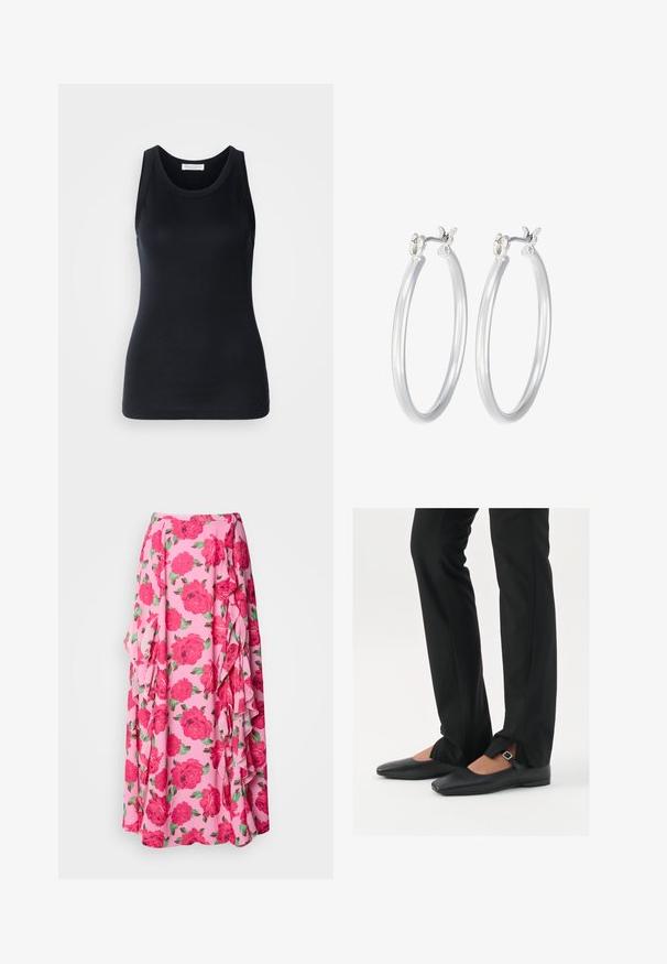 Črn top brez rokavov, izdelan iz mehkega, raztegljivega materiala. Ima okrogel ovratnik in široke naramnice, s prilagojeno silhueto in gladko teksturo.; Cvetlična maksi krila iz roza tkanine z velikimi, živahnimi rdečimi vrtnicami in zelenimi listi. Ima volane ob strani za dodatno teksturo.; Črne usnjene balerinke s koničastim nosom, trak z srebrno zaponko, v kombinaciji s črnimi elegantnimi hlačami z razporkom na robu.; Srebrni obroči za ušesa z gladko, polirano površino. Okrogla oblika in varna zaponka s klikom. Lahka zasnova, primerna za vsakodnevno nošenje.