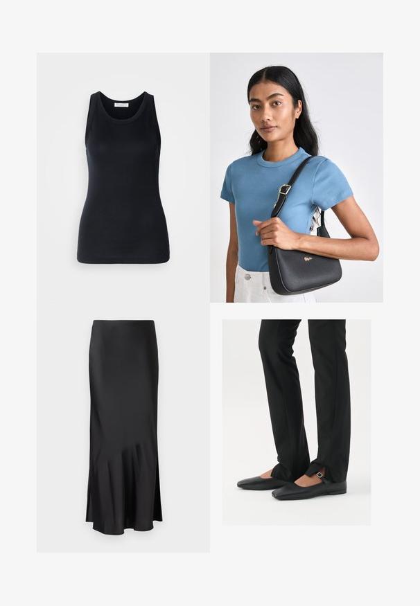 Crna majica bez rukava od mekog, rastezljivog materijala. Ima okrugli izrez i široke naramenice, s prilagođenim krojem i glatkom teksturom.; Crna satenska midi suknja s elegantnim dizajnom, koja ima lagani izrez na rubu i bočni prorez za lakše kretanje. Glatka tekstura.; Crne kožne balerinke s uskim vrhom, trakica sa srebrnom kopčom, u kombinaciji s crnim krojenim hlačama s otvorenim rubom.; Crna torbica s teksturom i zakrivljenim oblikom, naglašena zlatnim logotipom, u kombinaciji s rebrastom svijetloplavom majicom s kratkim rukavima i bijelim hlačama.