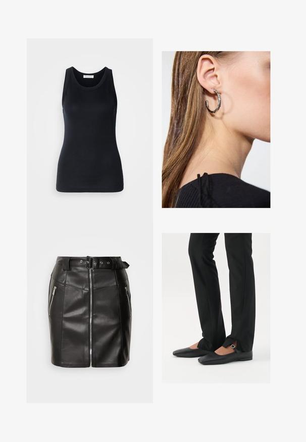 Melnā top forma bez piedurknēm, kas izgatavota no mīksta, elastīga auduma. Iezīmes apaļa kakla izgriezuma un platām plecu lencēm, ar pieguļošu siluetu un gludu tekstūru.; Melna ādas mini svārki ar pieguļošu dizainu, ar priekšējo rāvējslēdzēju, divām sānu kabatām un jostu ar sprādzi. Gluda tekstūra.; Melni ādas baleta zābaki ar smailo purngalu, siksniņa ar sudraba sprādzi, kombinēti ar melniem tailētiem biksēm ar šķēluma apakšdaļu.; Sudraba auskars ar pulētu apdari, ar maziem zelta akcentiem un apaļu formu, uz ausu ļipiņas.