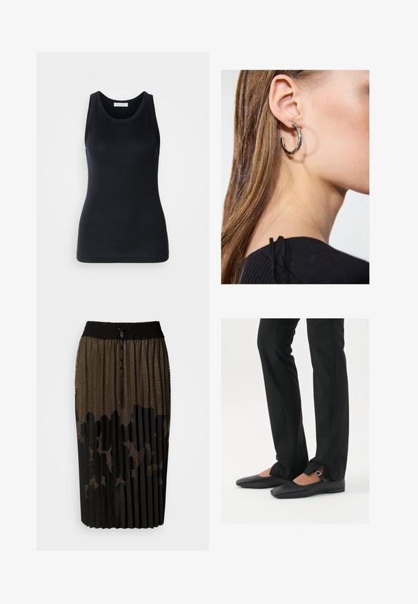 Černý top bez rukávů vyrobený z měkkého, elastického materiálu. Má kulatý výstřih a široké ramenní popruhy, s přiléhavým střihem a hladkou texturou.; Černá plisovaná sukně s síťovanou vrstvou s tečkovaným vzorem, elastickým pasem se stahovací šňůrkou a střední délkou.; Černé kožené baleríny s špičatou špičkou, páskem se stříbrnou sponou, společně s černými kalhotami s úzkým střihem a rozparky na lemech.; Stříbrný kruhový náušník s lesklým povrchem, zdobený malými zlatými akcenty, v kulatém tvaru, nošený na lalůčku.