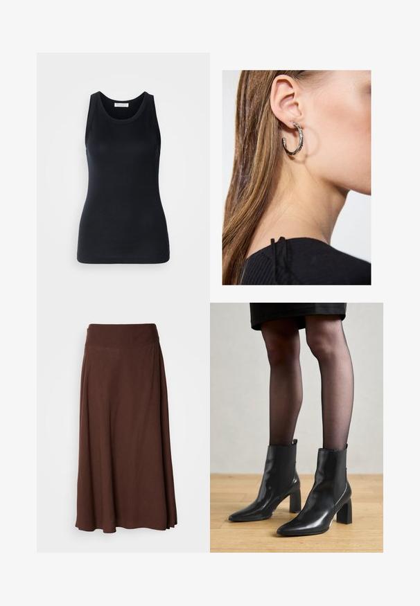 Zwarte tanktop gemaakt van zachte, rekbare stof. Heeft een ronde halslijn en brede schouderbanden, met een aansluitende snit en een gladde textuur.; Bruine maxi rok met een gladde textuur, brede elastische tailleband en een vloeiende ontwerp, geschikt voor casual of semi-formele kleding.; Zwarte leren enkellaarsjes met een spitse neus, stevige vierkante hak en een fraaie uitstraling. Beschikt over elastische zijpanelen voor gemakkelijke aan- en uittrekken.; Zilveren oorbel met een gepolijste afwerking, met kleine gouden accentdetails en een ronde vorm, gedragen op de oorlel.