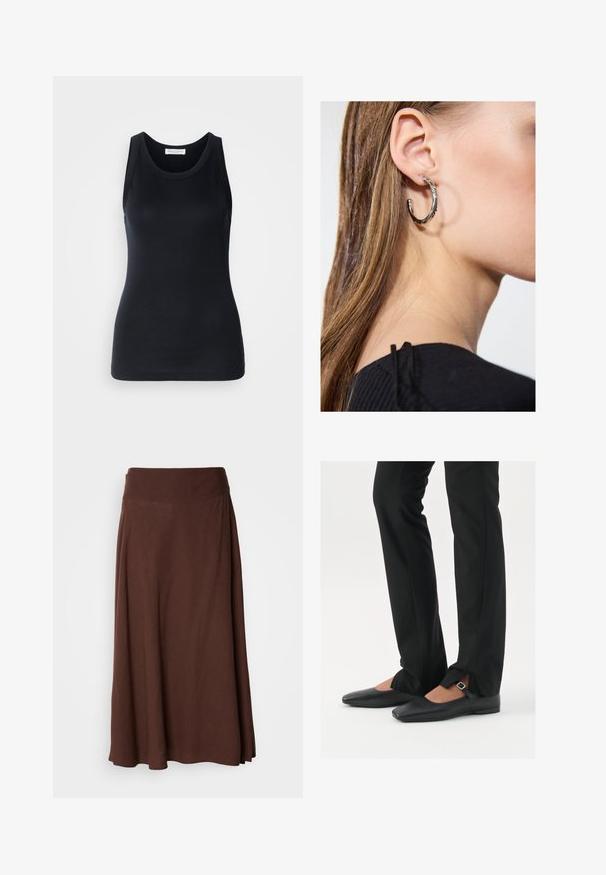 Juodas tanktopas, pagamintas iš minkštos, elastingos medžiagos. Jame yra apykaklės forma ir plačios petnešos, su prigludusia siluetu ir lygiu paviršiumi.; Ruda maksi sijonas su lygiu paviršiumi, plačia elastine juosta ir vėjyje plazdančia forma, tinkantis kasdieniam ar pusiau oficialiam dėvėjimui.; Juodų odinių balerinų batų su smailiu priekiu, juostele su sidabro sagtimi, derinami su juodomis pritaikytomis kelnėmis, turinčiomis plyšinį hemą.; Sidabrinė lankinė auskarai su poliruotu paviršiumi, turintys mažus auksinius akcentus ir apvalią formą, dėvimi ant ausies kaušelio.