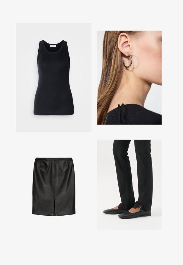 Čierny tielko vyrobené z mäkkej, elastickej tkaniny. Má okrúhly výstrih a široké ramenné popruhy, so priliehavým strihom a hladkou textúrou.; Čierna kožená sukňa s hladkou textúrou, priliehavým strihom, tvarom ceruzky a s rozparkom na zadnej strane pre ľahší pohyb.; Čierne kožené baletky s špicatou špičkou, remienkom so striebornou prackou, skombinované s čiernymi strihovými nohavicami so rozparkom na leme.; Strieborná kruhová náušnica s lesklým povrchom, obsahujúca malé zlaté akcenty a okrúhly tvar, nosená na lalôčiku ucha.