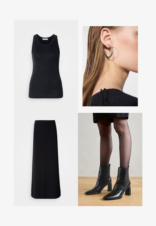 Débardeur noir en tissu doux et extensible. Il dispose d'un col rond et de larges bretelles, avec une silhouette ajustée et une texture lisse.; Jupe noire longue en tissu lisse avec une silhouette droite. Présente un design simple et sans ornements, sans motifs ni embellissements visibles.; Bottines en cuir noir avec un bout pointu, un talon carré épais et un design élégant. Présente des panneaux latéraux élastiques pour un enfilage facile.; Boucle d'oreille en argent avec une finition polie, présentant de petits détails en or et de forme ronde, portée sur le lobe.