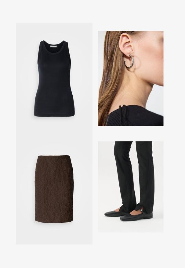 Schwarzes Tanktop aus weichem, dehnbarem Stoff. Mit Rundhalsausschnitt und breiten Trägern, tailliert geschnitten und mit glatter Oberfläche.; Brauner knielanger Rock aus strukturiertem Stoff mit einer zerknitterten Oberfläche. Hat ein enganliegendes Design und keine sichtbaren Verschlüsse oder Akzente.; Schwarze Leder-Ballerinas mit spitzer Zehenpartie, Riemchen mit silberner Schnalle, kombiniert mit schwarzen taillierten Hosen mit Schlitzsaum.; Silberne Creolen mit polierter Oberfläche, die kleine goldene Akzentdetails und eine runde Form aufweisen, am Ohrläppchen getragen.